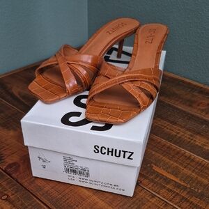 SCHUTZ Tan Croc-Embossed Leather Heeled Sandals
